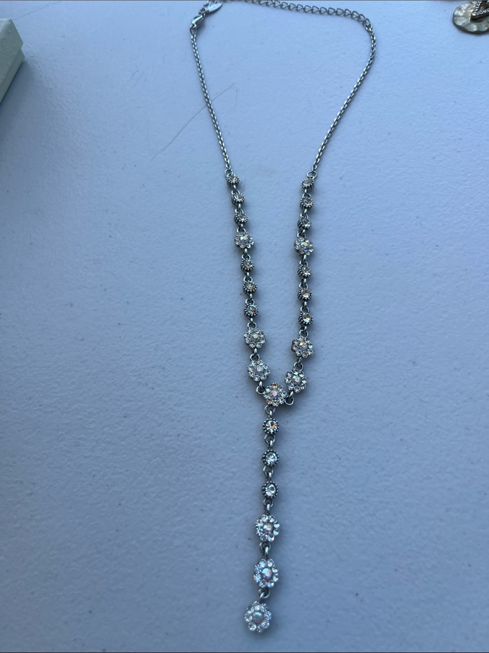 Crystal-Accented Silver Y Drop Necklace - Clear